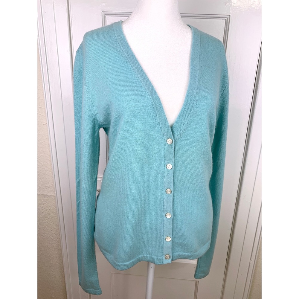 Michael Kors 100% Cashmere V-Neck Cardigan M Pastel Teal Blue Italian Yarn - Picture 3 of 16
